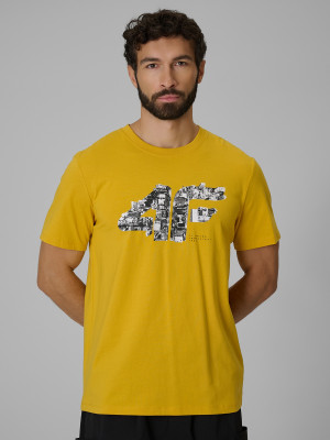 4F T-shirt regular z nadrukiem męski - żółty