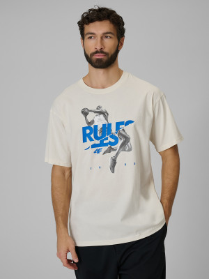4F T-shirt loose z nadrukiem męski - beżowy