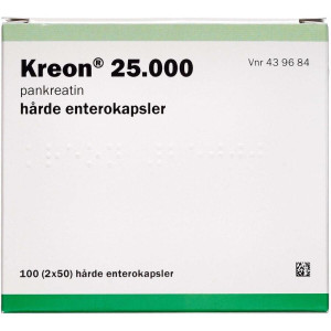 Paranova danmark Kreon 25.000 Lipase 25.000 EP-e (Håndkøb, apoteksforbeholdt) 100 stk Enterokapsler, hårde
