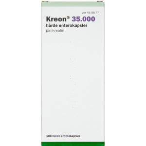 Paranova danmark Kreon 35.000 Lipase 35.000 EP-e (Håndkøb, apoteksforbeholdt) 100 stk Enterokapsler, hårde