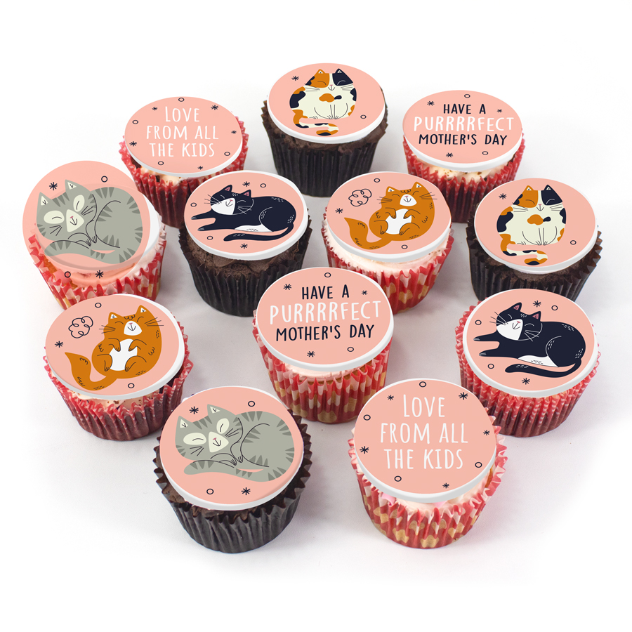 Twelve Personalised Mother's Day Cat Cupcakes