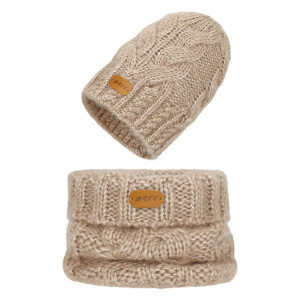 Beżowy Zestaw Bartek Z Wełną Merino 85604-84, Czapka + Komin