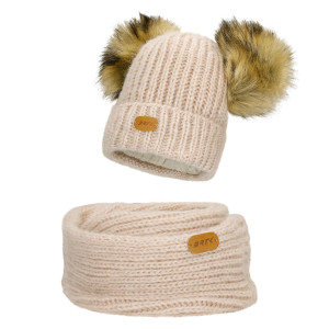 Zestaw Zimowy Z Wełną Merino Bartek 85603-84 Beżowa Czapka Z Dwoma Pomponami I Komin