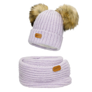 Fioletowy Zestaw Bartek 85603-86  Z Wełną Merino - Czapka Z Dwoma Pomponami I Komin