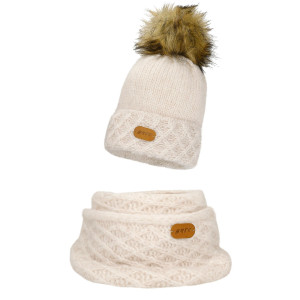 Jasnobeżowy Komplet Bartek 8560284 Czapka + Komin Z Wełną Merino
