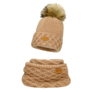 Jasnobrązowy Zestaw Bartek 85602-83 Z Wełną Merino - Czapka + Komin