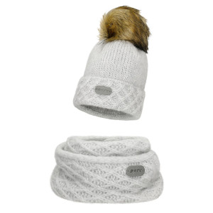 Szary Zestaw Bartek Z Wełną Merino 85602-80 Czapka Z Puchatym Pomponem + Komin