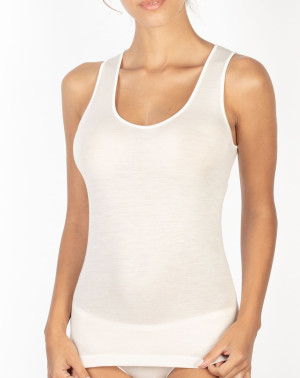 Mare - Top sans manches bord satin en Laine & Soie ivoire L