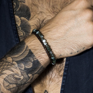 Jacobson - Bracelet double Brown Blend en Acier, Cuir & Agate verte M