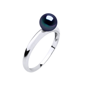 Mitzuko - Bague Or Blanc & Perle d'Eau Douce ronde noire T.58