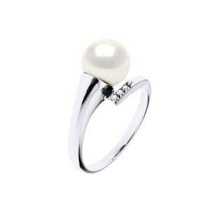 Mitzuko - Bague Or Blanc, Diamants (0.02 ct) & Perle de Culture d'Eau Douce ronde blanche 54