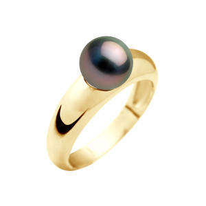 Mitzuko - Bague Jonc bombé Or Jaune & Perle de Culture de Tahiti ronde noire 48