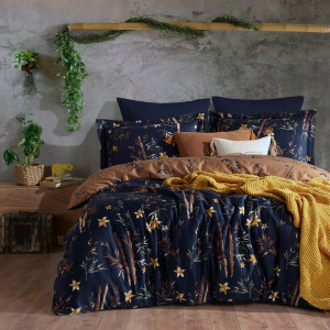 Mijolnir - Parure housse de couette 100% Satin de Coton Bambou Flower bleu/marron/jaune 140x200 cm