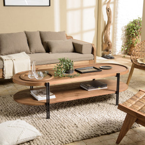 Macabane - Table basse ovale 2 niveaux plateau amovible Sixtine bois/noir - 160x63x45 cm OS