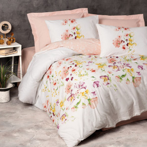 Elizabed - Parure housse de couette Emma saumon/blanc 260x220 cm