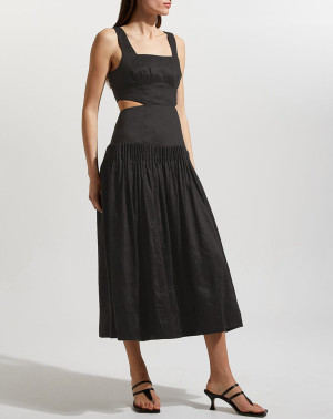 Aje - Robe midi en Lin mélangé Audette Pleated noire TFR.34/TAU.6