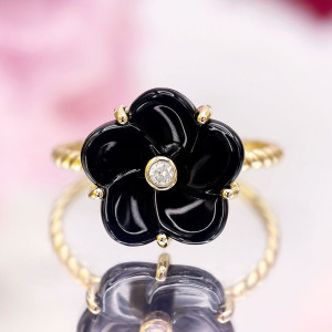 Di Joya - Bague Fleur Céramique noire Diamants 0.032 ct or jaune 48