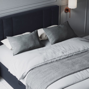 Mazzini Sofas - Tête de lit + Sommier Coffre/ Matelas + Surmatelas Afra bleu foncé  -  200x160x125 cm OS