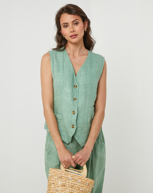 Lin Passion - Gilet 100% Lin Léa vert T.XL/XXL