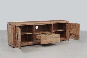 Bois & Chiffons - Meuble TV bois sculpté bicolore 160 2P 1T Acacia Maya Naturel - 160x40x55 cm OS