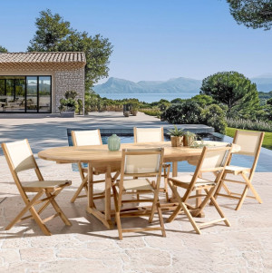 Macabane - Ensemble de salon de jardin 8/10 personnes - 1 Table ovale extensible et 6 chaises beige OS