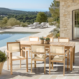 Macabane - Ensemble de salon de jardin 8/10 pers - 1 Table rectangulaire modèle Vieste et 6 fauteuils beige OS