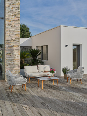 DCB Garden - Salon bas de jardin CUZCO 5 places en aluminium imitation bois et corde tissée marron et blanc OS