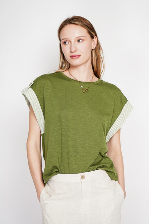 Le Jardin du Lin - T-shirt col rond coupe oversize en lin mélangé Martine kaki clair S