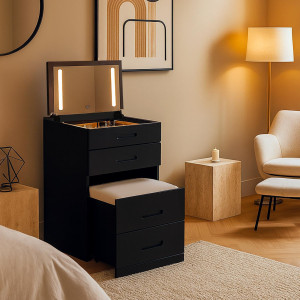 Mobilier design - Coiffeuse compacte avec miroir led tiroir et pouf intégré germina noire - 60x50x80 cm OS
