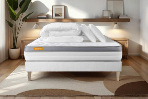 Septnuits - Pack lit complet Memo Zen blanc - matelas + sommier + 2 oreillers + couette - 140x200 cm 140x200 cm