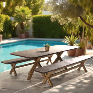 Macabane - Ensemble table et bancs effet béton pieds en bois d'acacia marron OS