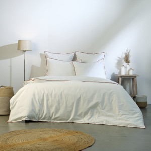 Febronie - Parure de lit en percale de coton Zoé blanche/caramel 260x240 cm