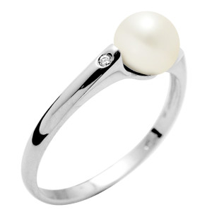 Mitzuko - Bague Solitaire Diamants Or Blanc Perle d'Eau Douce blanc naturel T.60