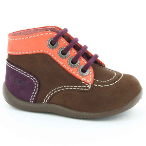 Kickers - Bottillons en Velours de Cuir Bonbon marron/rose/mauve 23