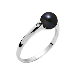 Mitzuko - Bague Solitaire Diamants Or Blanc Perle d'Eau Douce noire 50