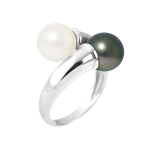 Mitzuko - Bague Toi & Moi Prestige Argent Perles de Culture de Tahiti et d'Eau Douce blanc naturel/vert 48