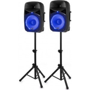 Højttalersæt Plug'n'Play / 2 stk. 12" bas / 800 Watt / Mikrofon, Stativer og Kab