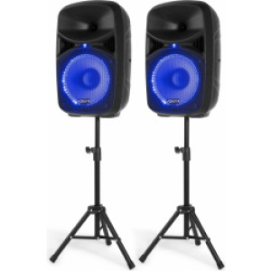 Højttalersæt Plug'n'Play / 2 stk. 10" bas / 600 Watt / Mikrofon, Stativer og Kab