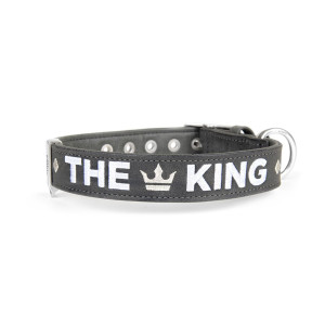 MyFamily Collare per Cani in Similpelle Grigio e Nero Royal Ricamo The King con Finiture in Argento Antico XL (44-54cm)
