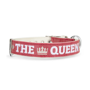 MyFamily Collare per Cani in Similpelle Crema e Bordeaux Royal Ricamo The Queen con Finiture in Argento Antico SM (30-36cm)