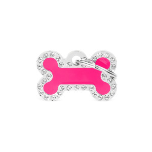 MyFamily Medaglietta per Cani Personalizzabile Glam Osso Fucsia Piccolo Strass