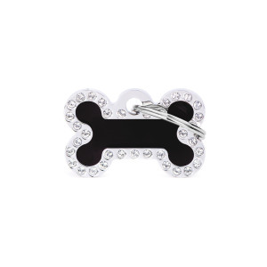 MyFamily Medaglietta per Cani Personalizzabile Glam Osso Nero Piccolo Strass