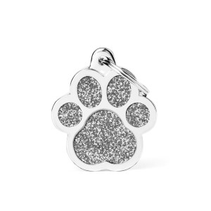 MyFamily Medaglietta per Cani Personalizzabile Zampa Glitter Shine Grigia L