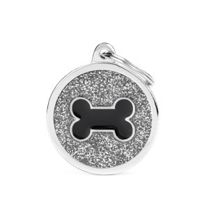 MyFamily Medaglietta Shine per Cani Personalizzabile Cerchio Grande Glitter Grigio Osso Nero