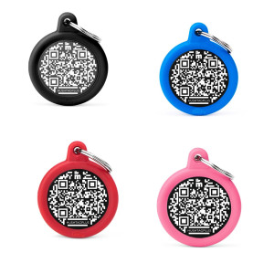 MyFamily Medaglietta per Cani QR Code Hushtag Cerchio Alluminio Nero Nero con gomma nera
