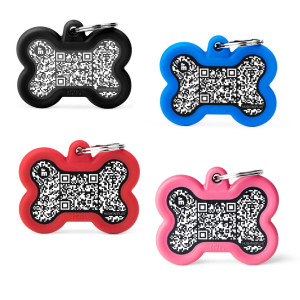MyFamily Medaglietta per Cani QR Code Hushtag Osso Alluminio Nero Nero gomma rosa