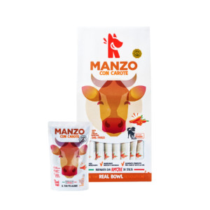 REAL BOWL 7 BUSTE x 150 g Alimento Fresco Cotto per Cani al Manzo con Carote Grain Free