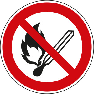 Verbotsschild: Keine offene Flamme, Feuer, offene Zündquelle, ASR/ISO, Folie selbstklebend, Ø 50 mm, 10 St./Bogen