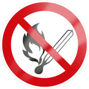 Verbotsschild: Keine offene Flamme, Feuer, offene Zündquelle, ASR/ISO, Aluminium, Ø 200 mm, 1 Stück