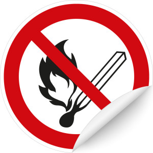 Verbotsschild: Keine offene Flamme, Feuer, offene Zündquelle, ASR/ISO, Folie selbstklebend, Ø 100 mm, 1 Stück